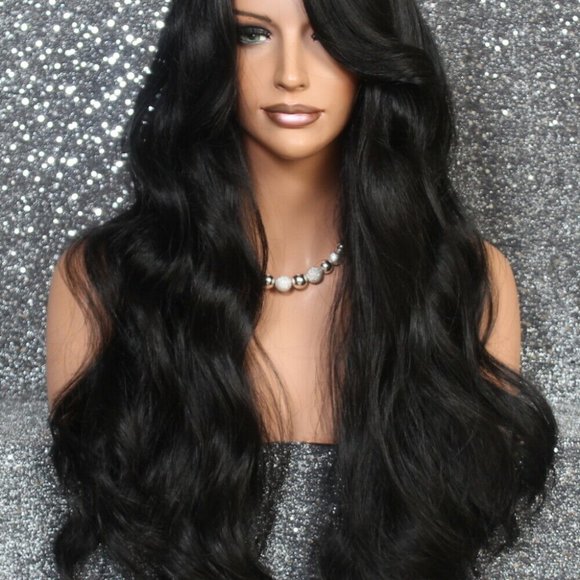 Human hair blend Wig Wvy Black Layered Heat OK - Picture 3 of 7